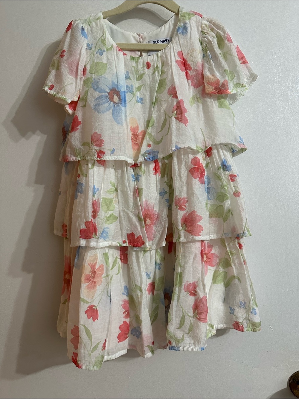 Old Navy White Floral Tiered Dress with Coral, Blue & Green Flowers